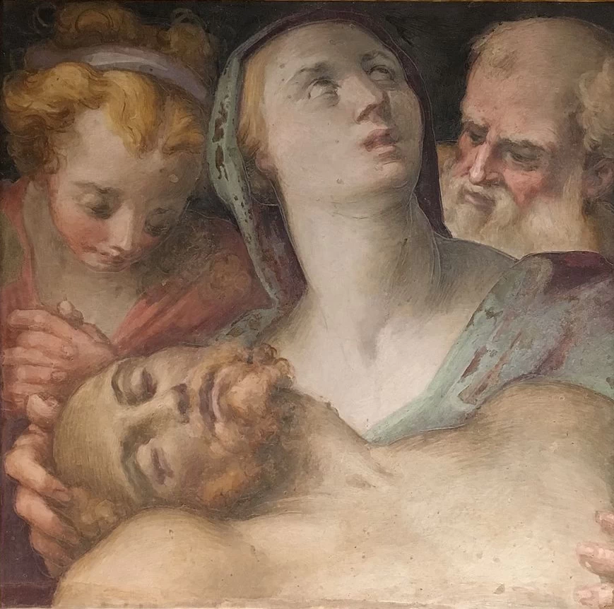 Deposizione con Maria Maddalena e Nicodemo. Affresco su terracotta